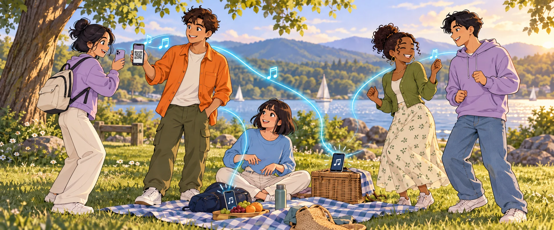 Friends at a picnic join with a QR code and listen to shared music through several phone speakers