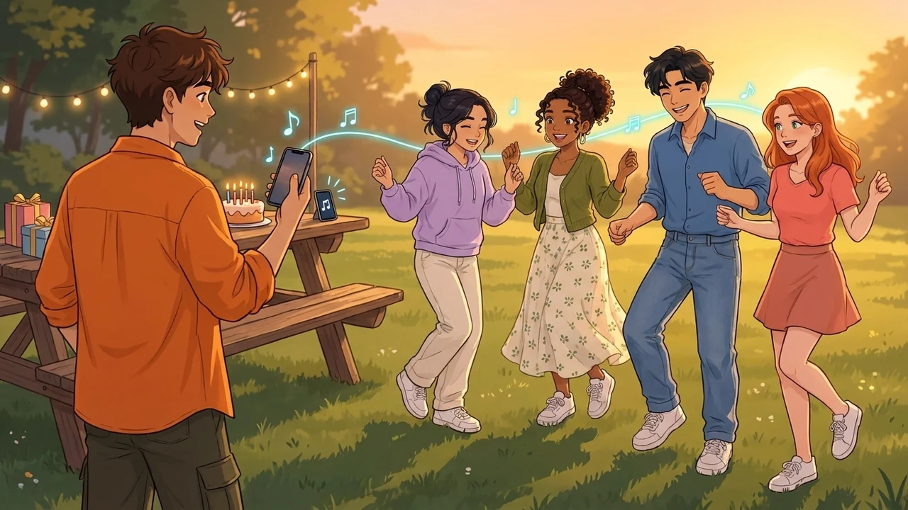 Friends outdoors listening to a shared playlist through their phone speakers