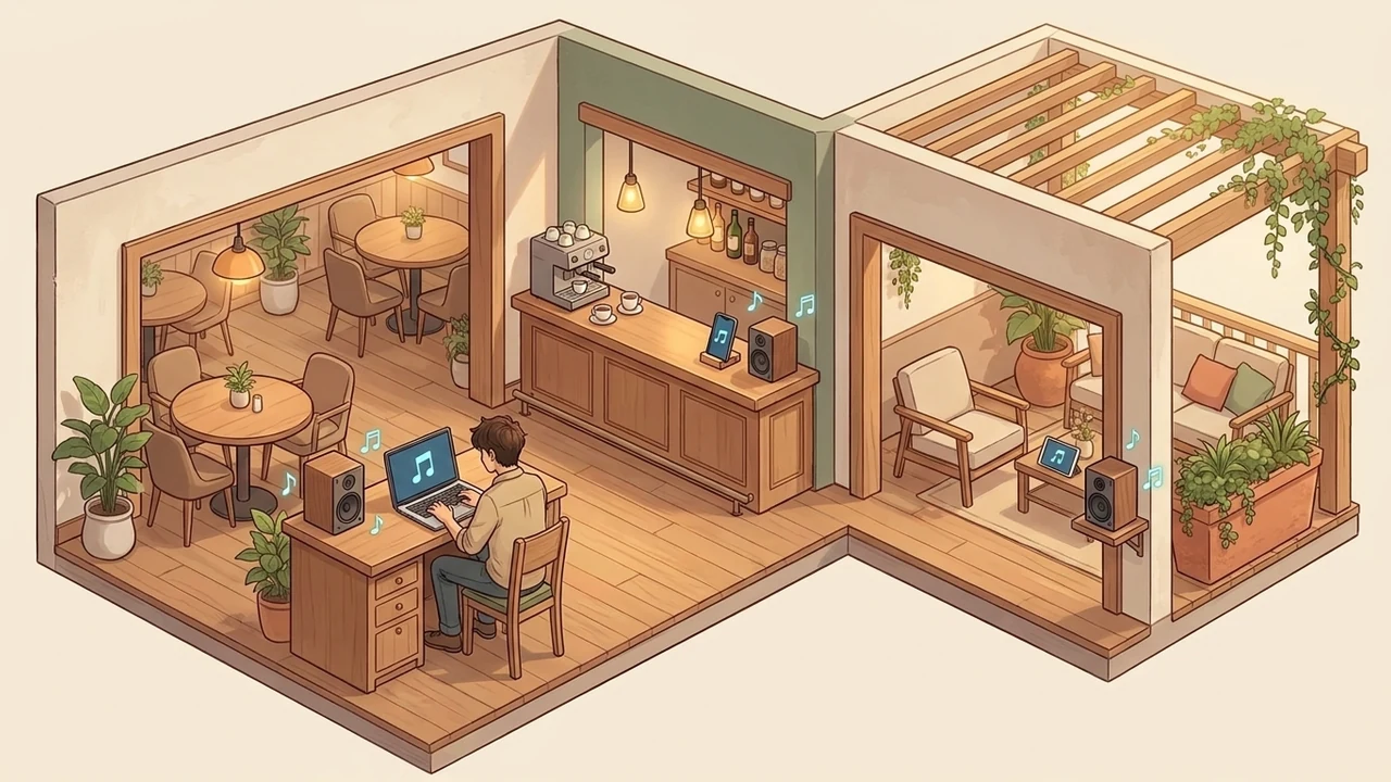 Music across several zones of a space, with browser devices connected to speakers