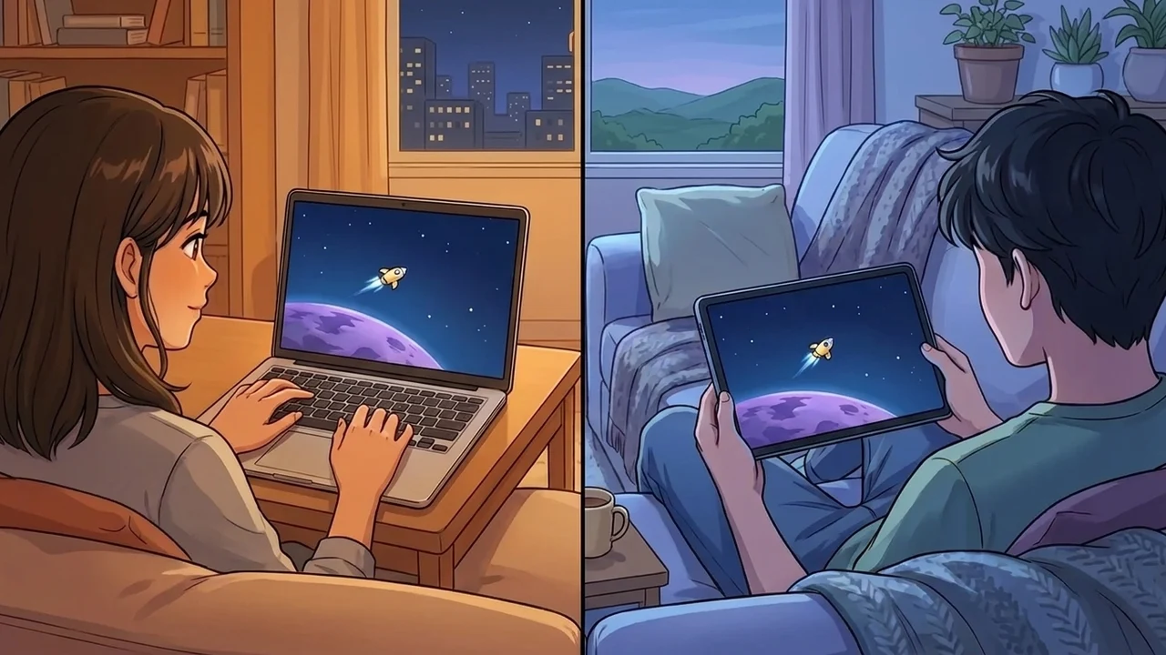Friends in different rooms watching the same video together; the interiors meet at the center